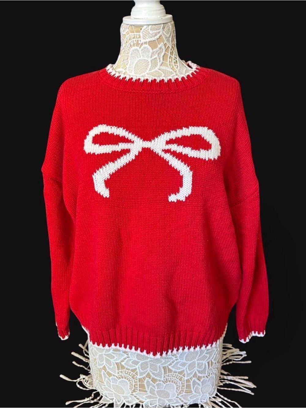 Sincerly Jules Red Knit Sweater with White Bow